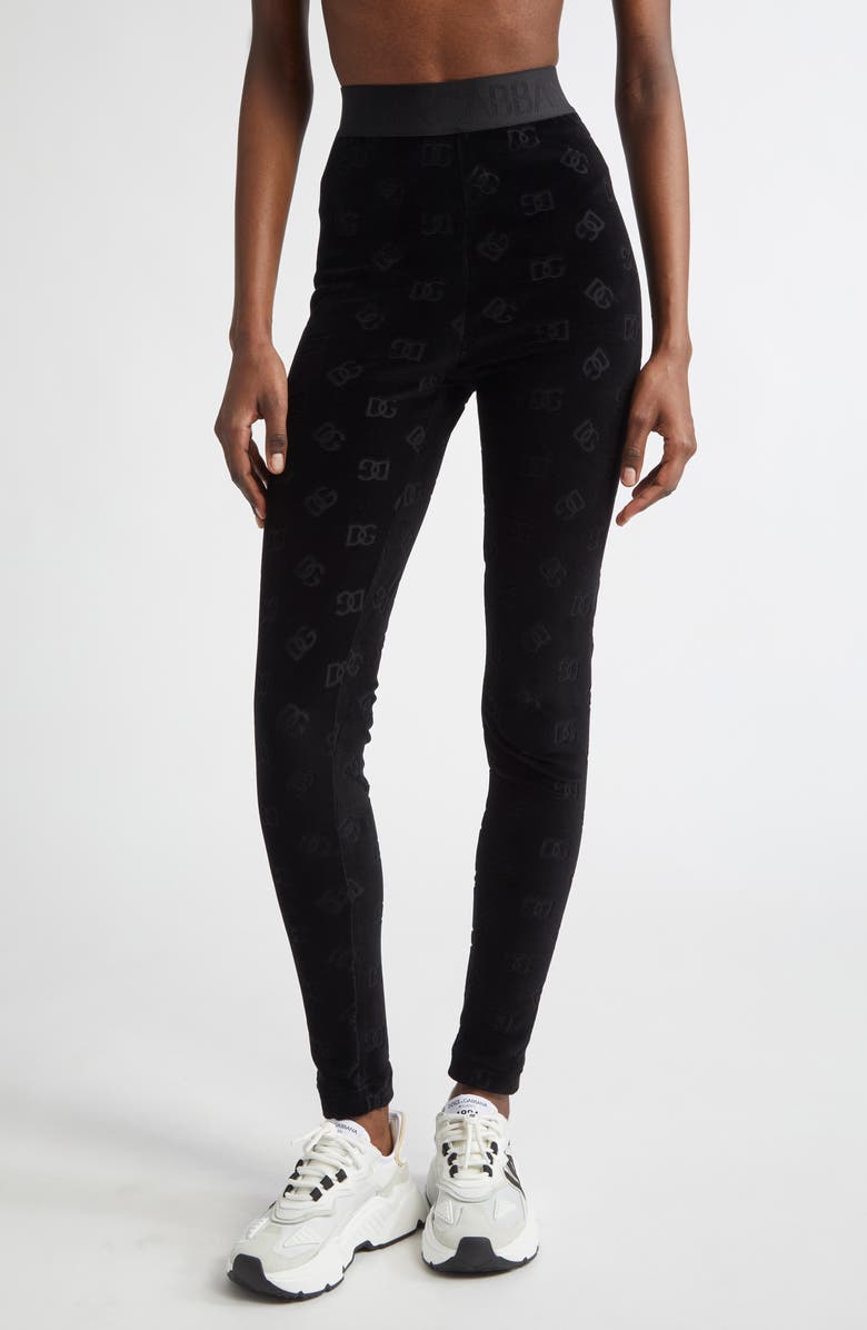 Dolce&Gabbana Logo Jacquard Chenille Leggings, Main, color, Nero