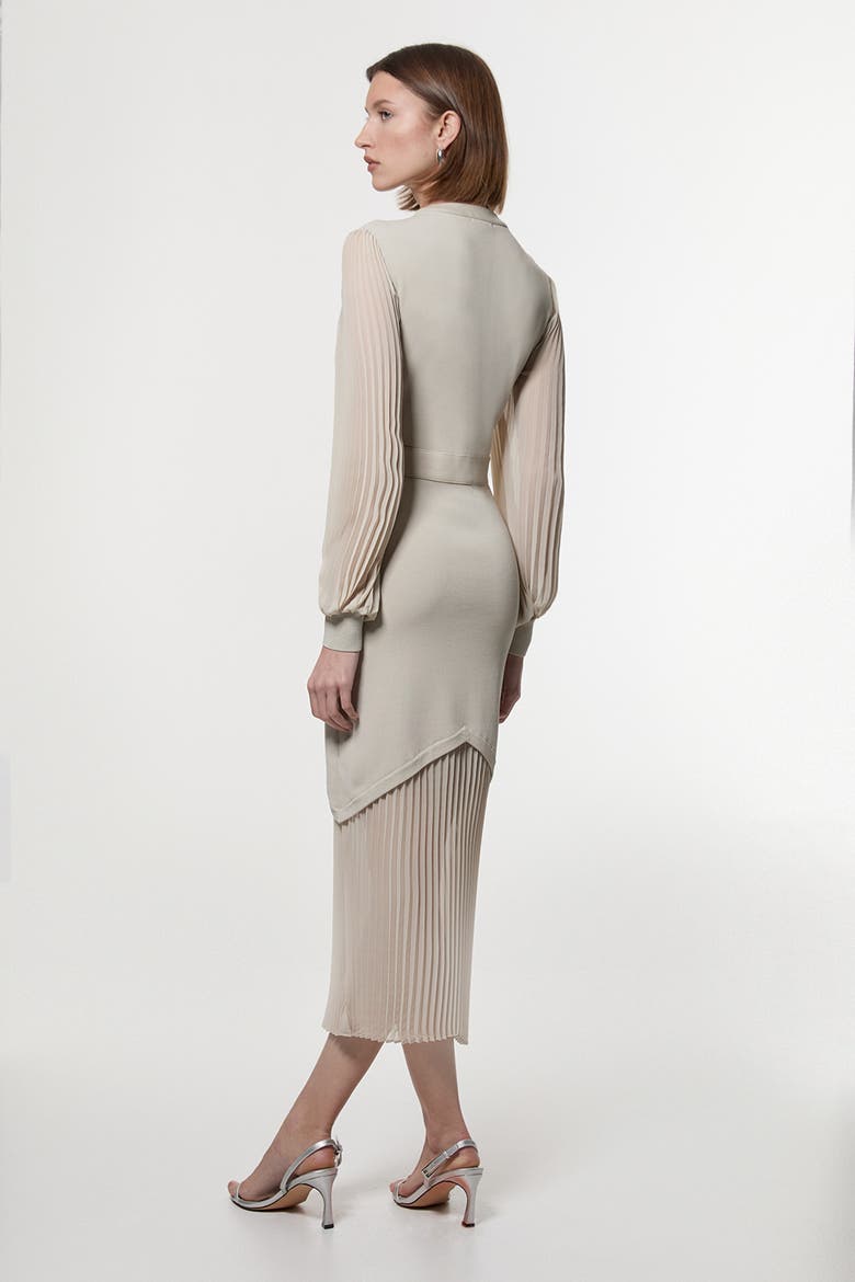Pu Trim Woven Sleeved Pleated Dress, Alternate, color, Grey