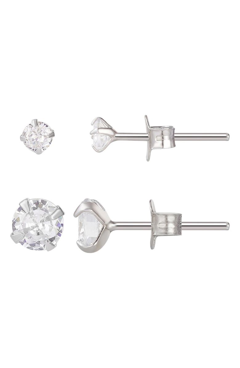 ADORNIA FINE Set of 2 Assorted Solitaire 925 Sterling Silver Crystal Stud Earrings, Main, color, Silver