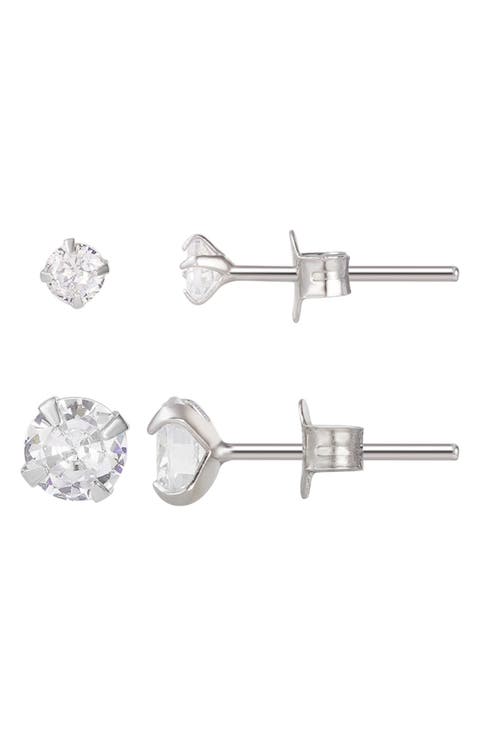 Set of 2 Assorted Solitaire 925 Sterling Silver Crystal Stud Earrings