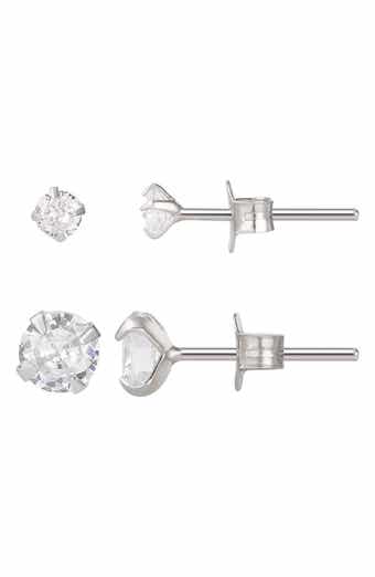 ADORNIA FINE Set of 2 Assorted Solitaire 925 Sterling Silver Crystal Stud Earrings