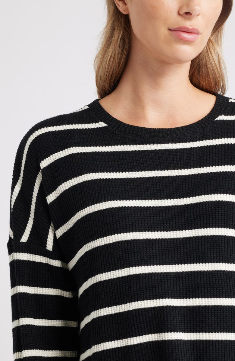 Caslon<sup>®</sup> Long Sleeve Waffle Knit T-Shirt, Alternate, color, Black- Ivory Stacy Stripe