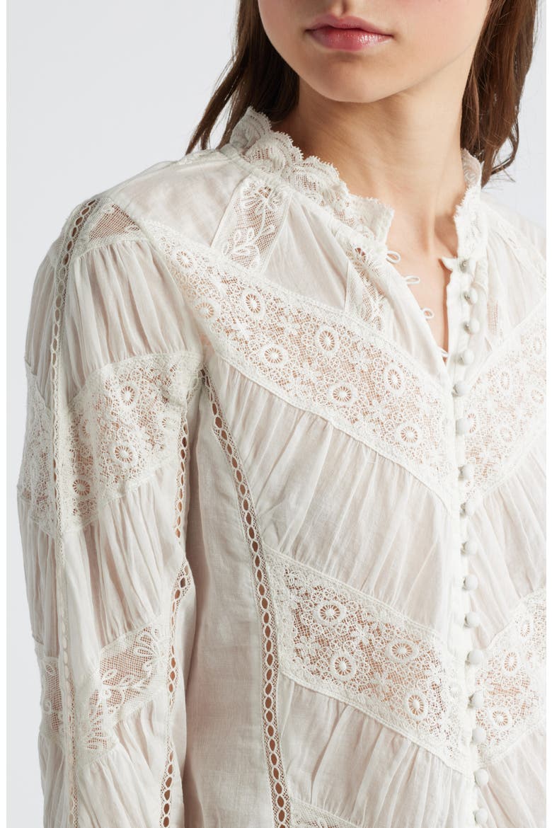 Beline Lace Inset Cotton Button-Up Shirt, Alternate, color, OFF WHITE
