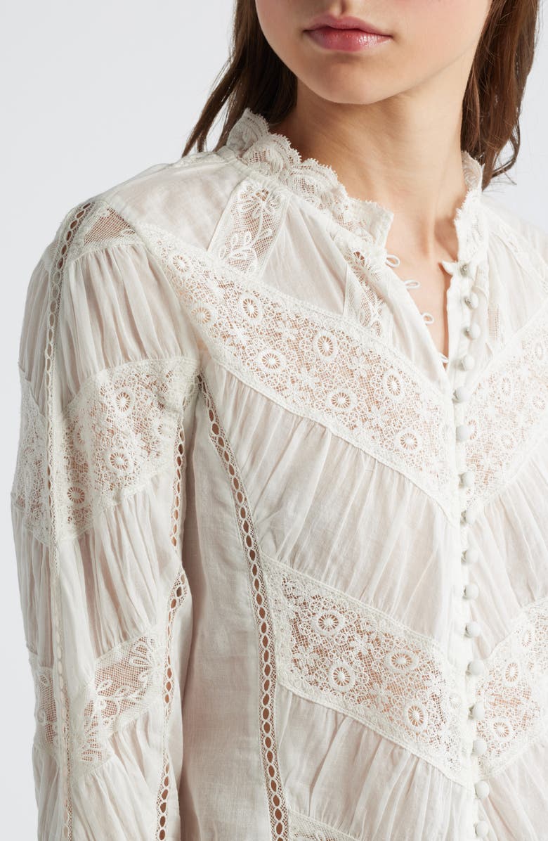 LoveShackFancy Beline Lace Inset Cotton Button-Up Shirt, Alternate, color, 