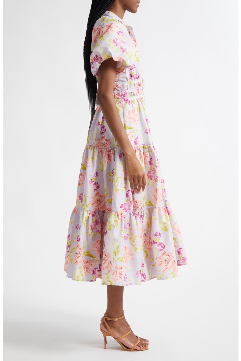 Maggio Midnight Tulips Tiered Midi Dress, Alternate, color, PALE LAVENDER MULTI