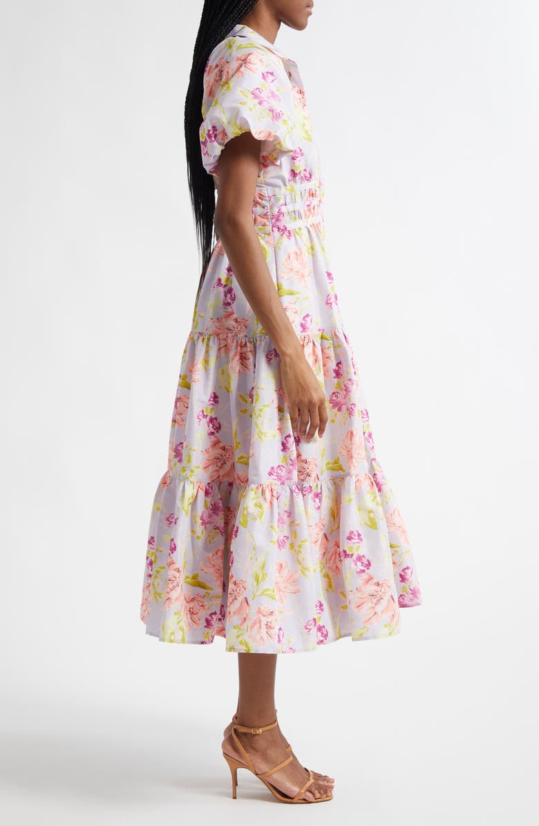 Cinq à Sept Maggio Midnight Tulips Tiered Midi Dress, Alternate, color, Pale Lavender Multi
