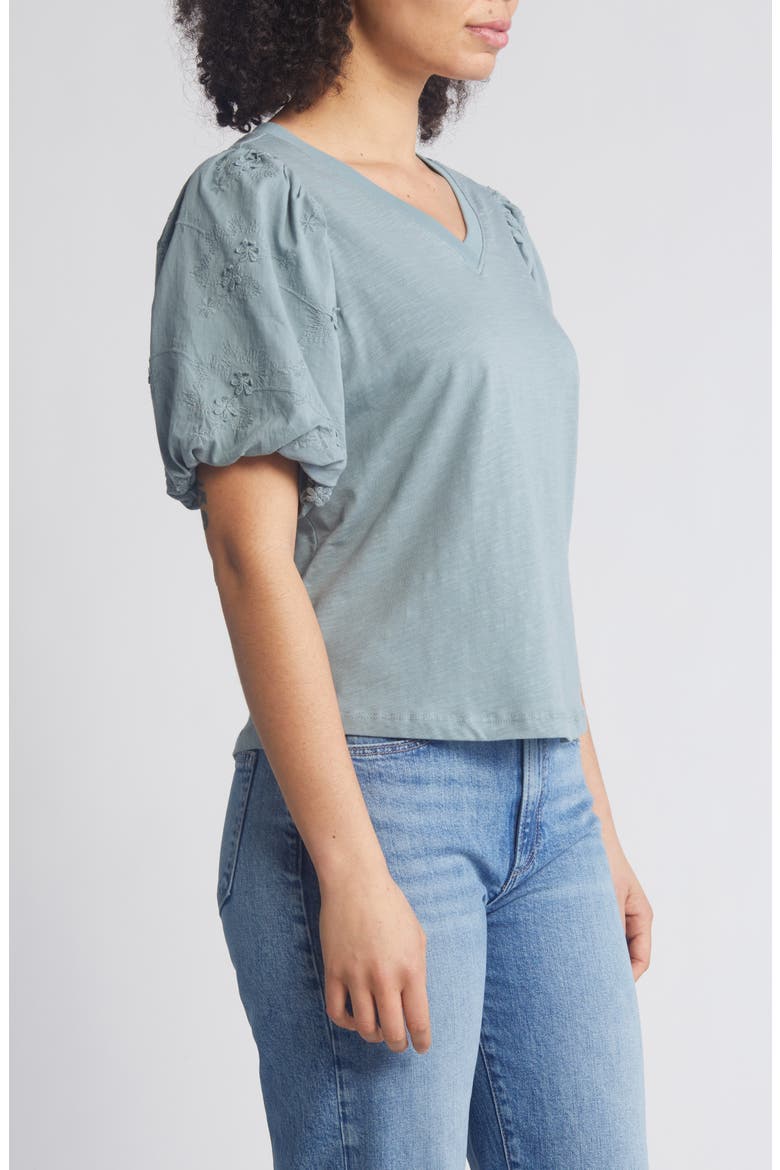 Embroidered Puff Sleeve V-Neck Top, Alternate, color, DUSTY SLATE