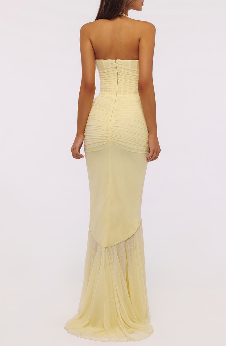 HOUSE OF CB Carmine Ruched Mesh Halter Dress, Alternate, color, Lemon Yellow