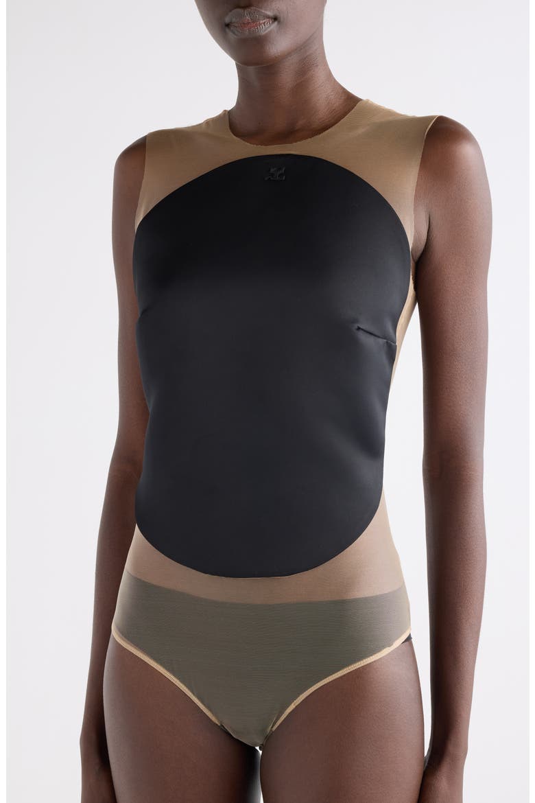 Illusion Inset Circle Satin Bodysuit, Alternate, color, BLACK