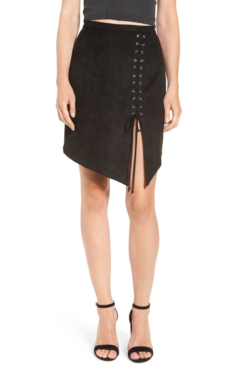 Lace-Up Faux Suede Miniskirt, Main, color, BLACK