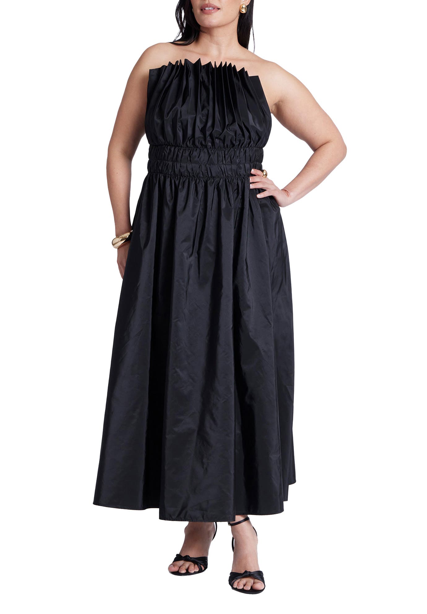Pleated Ruffle Neckline Midi Dress