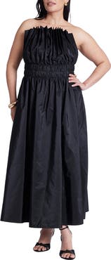 ELOQUII Pleated Ruffle Neckline Midi Dress