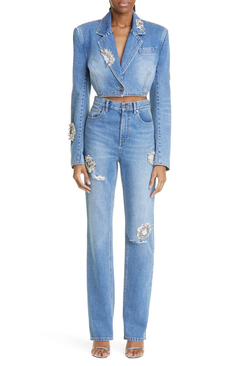 Area Distressed Crystal Detail Crop Denim Blazer, Alternate, color, 