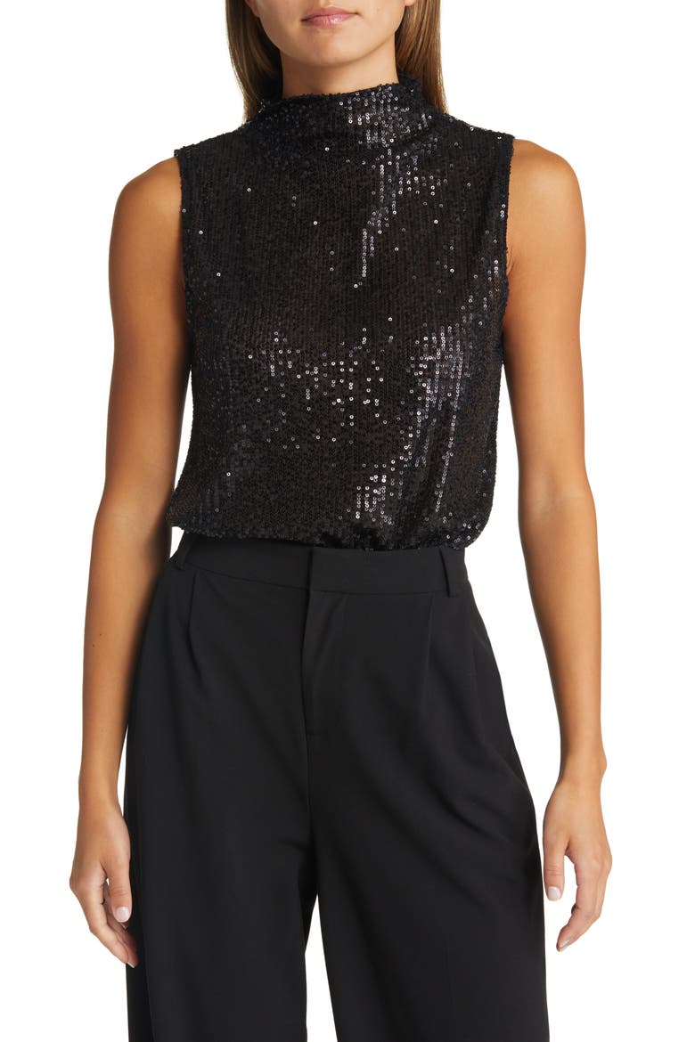 Sequin Mesh Sleeveless Top, Main, color, BLACK