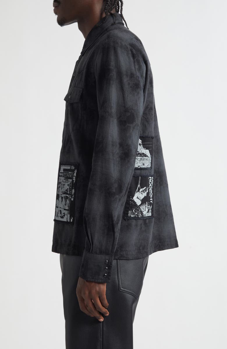 MIDNIGHT RODEO Patchwork Distressed Over Dyed Cotton Flannel Shirt, Alternate, color, Black Overdye