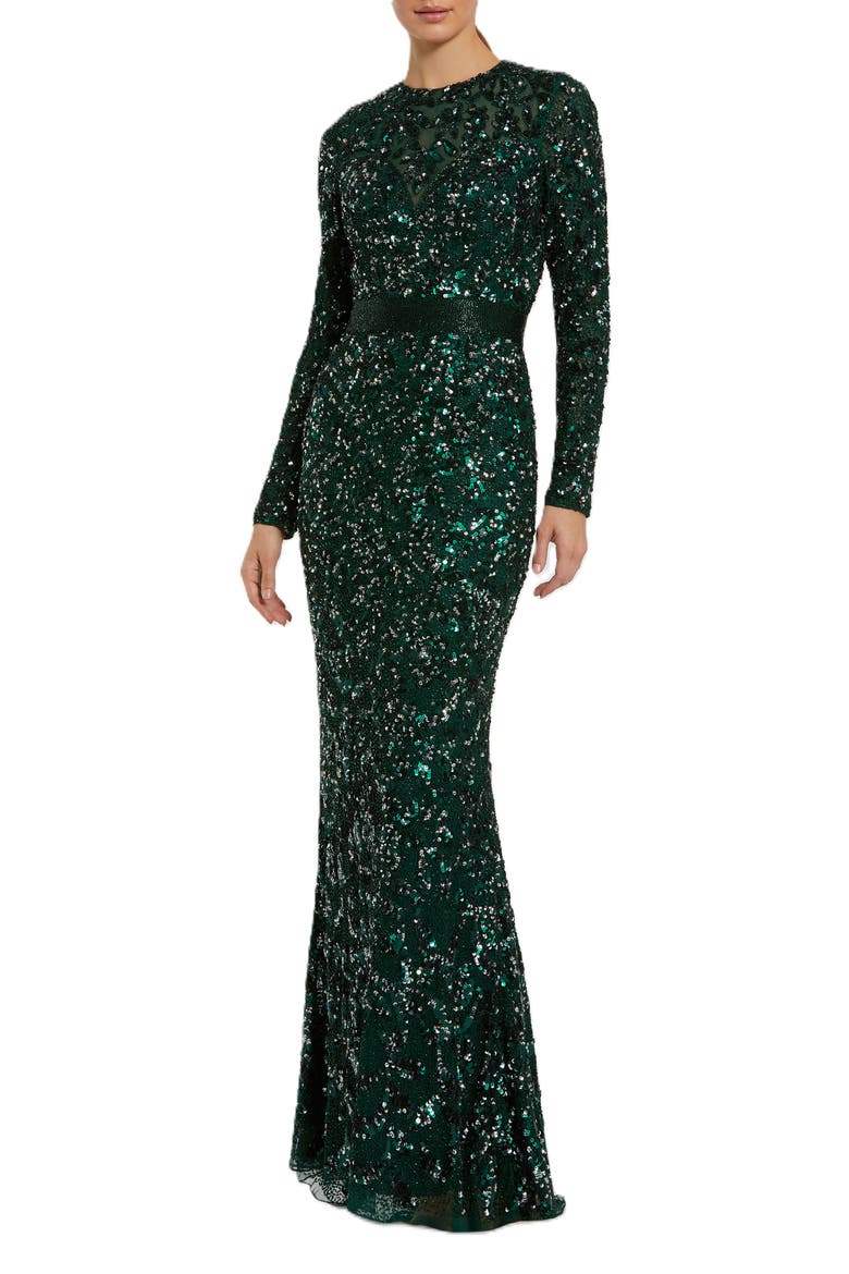 Long Sleeve Embellished Sequin Gown, Main, color, Forest Green