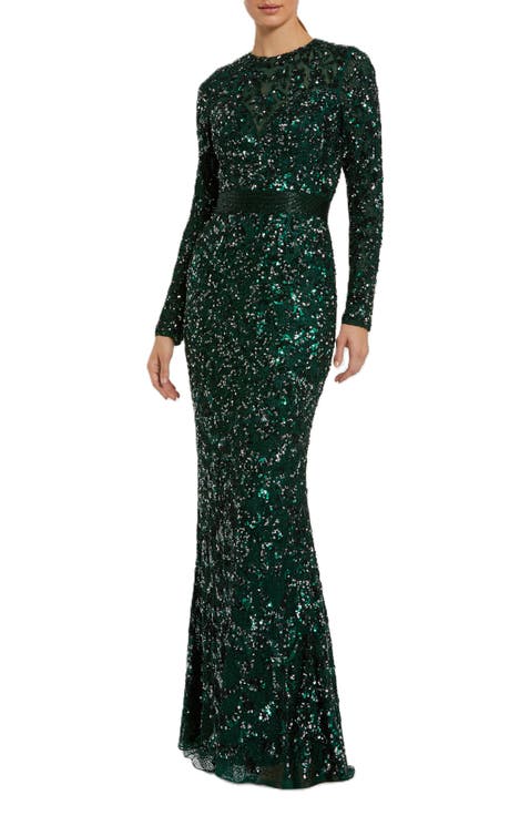 Long Sleeve Embellished Sequin Gown