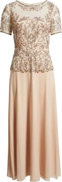 Pisarro Nights Short Sleeve Beaded Chiffon Gown