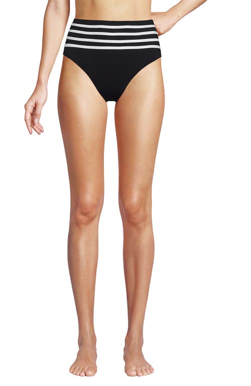 Lands' End Ribbed Smoothing High Waisted Bikini Bottoms In Black/white
