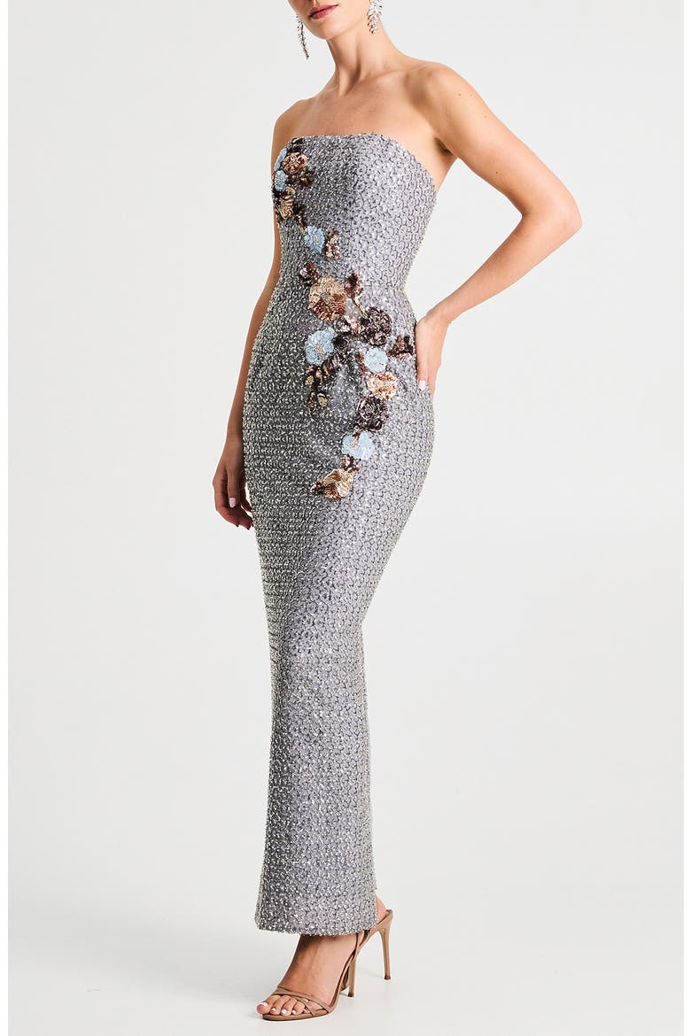 Silvia Floral Sequin Strapless Cocktail Dress, Alternate, color, PLATINUM