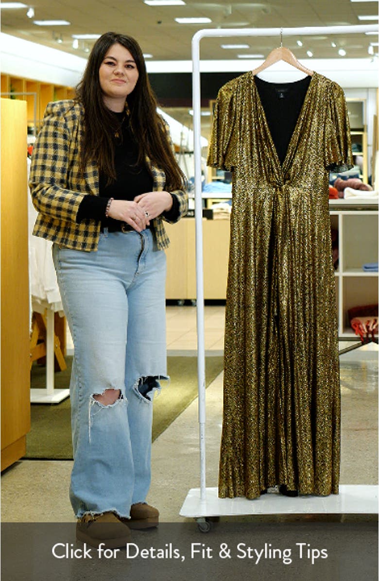 Metallic Flutter Sleeve Faux Wrap Dress, sales video thumbnail