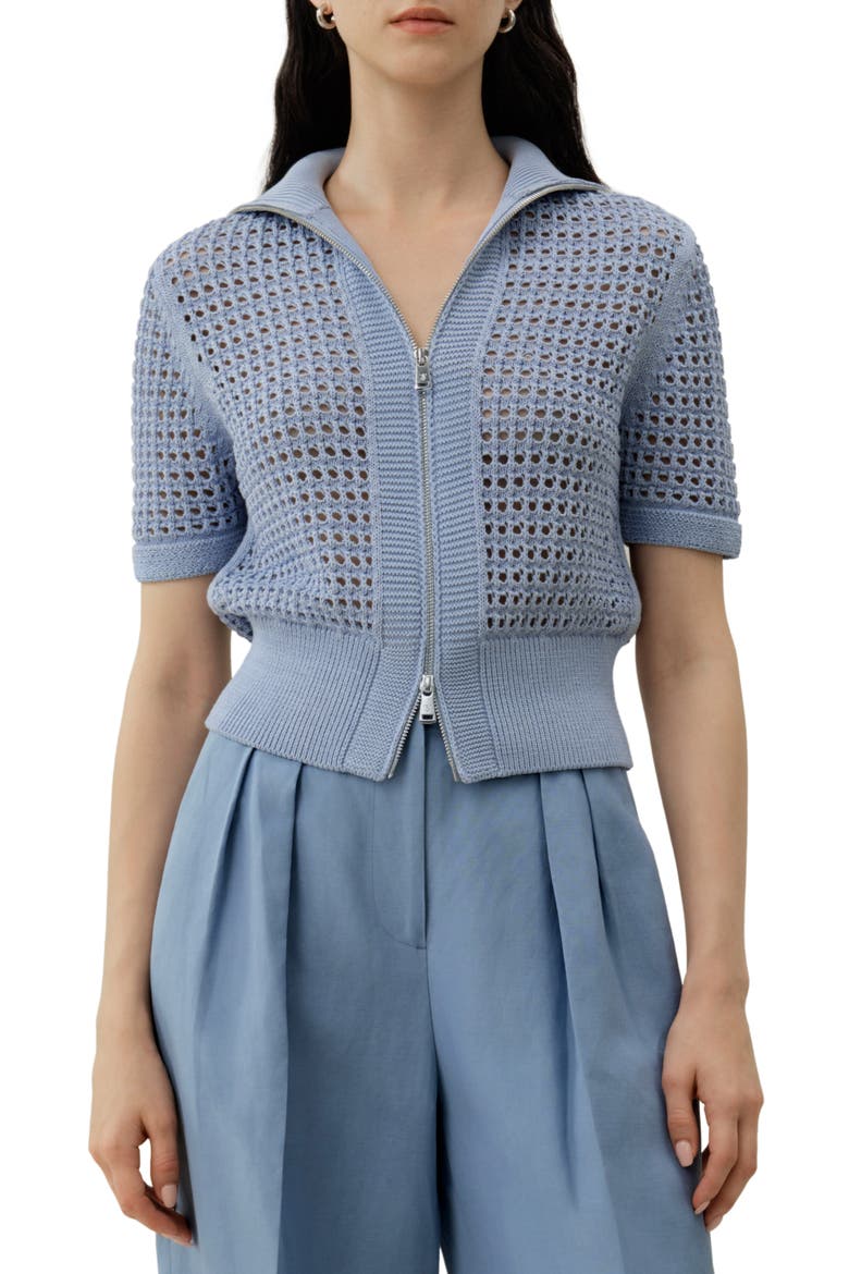 Women's Toscana Pointelle Knit Double-Zip Cardigan, Main, color, Chambray Blue