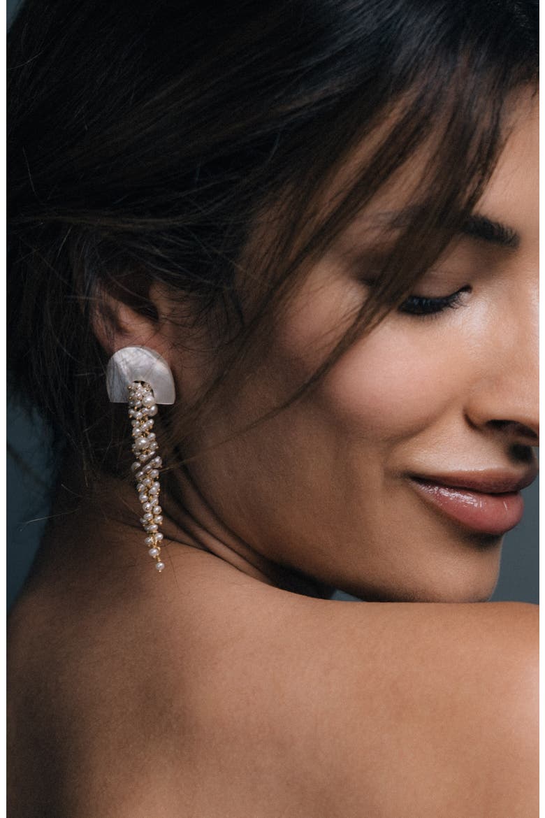 Hakuro Mother of Pearl and Pearl Long Drops, Alternate, color, Ivory