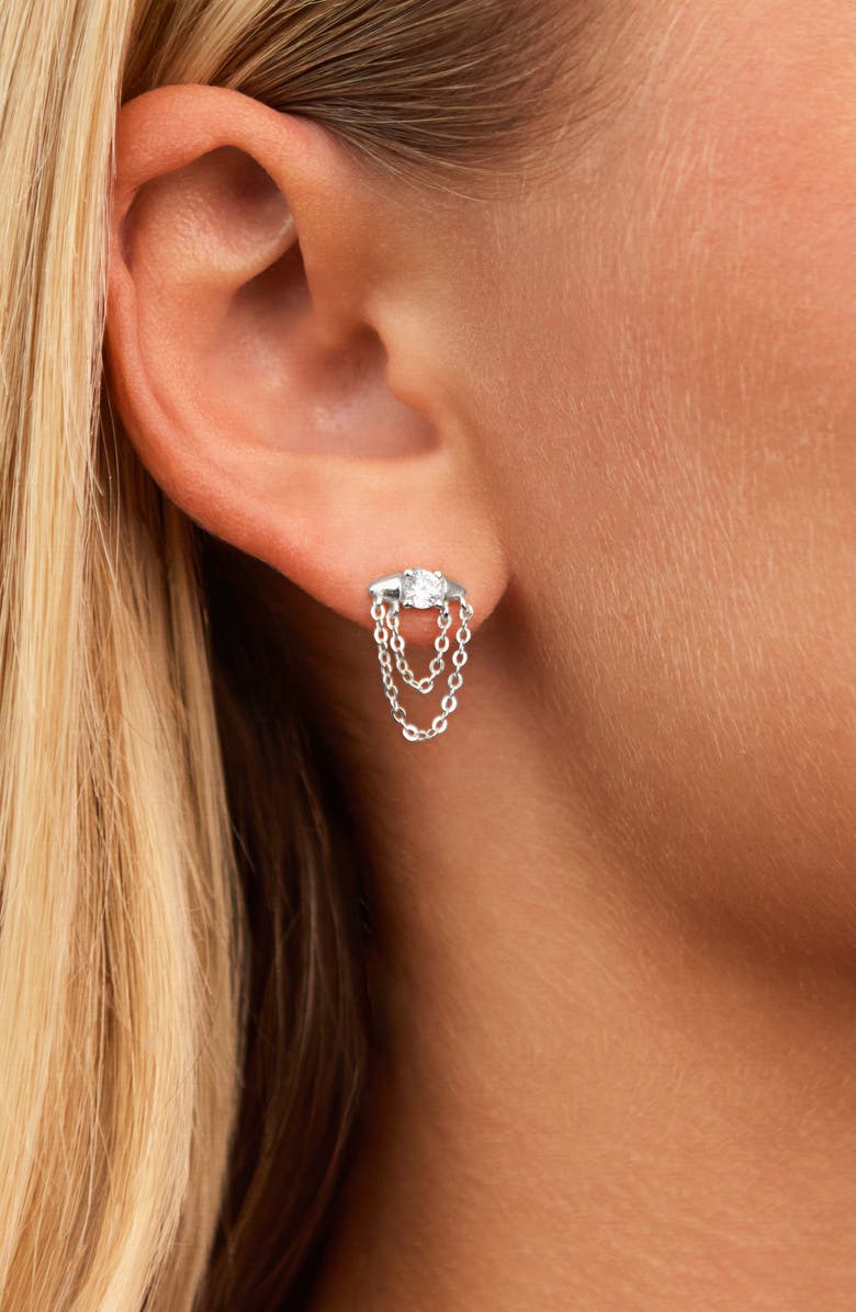 Sterling Forever Bowie Cubic Zirconia Chain Drop Stud Earrings, Alternate, color, Silver