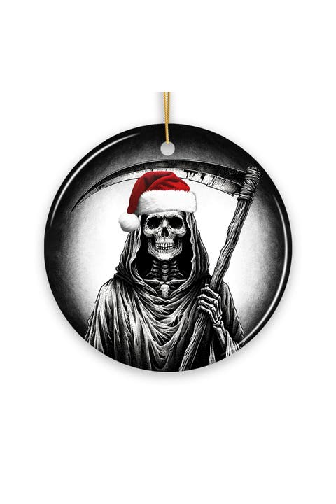 Santa Hat Grim Reaper Scythe Ceramic Ornament