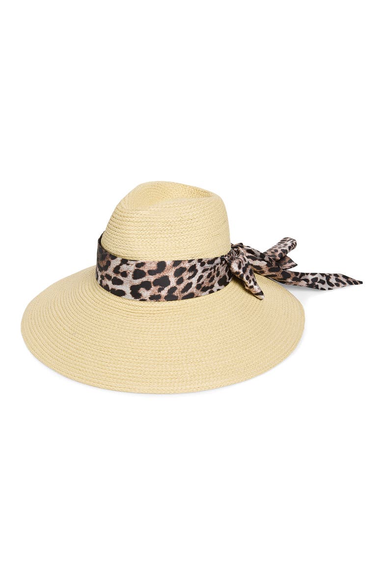 Wide Brim Hat with Leopard Print Scarf, Main, color, NATURAL LEOPARD