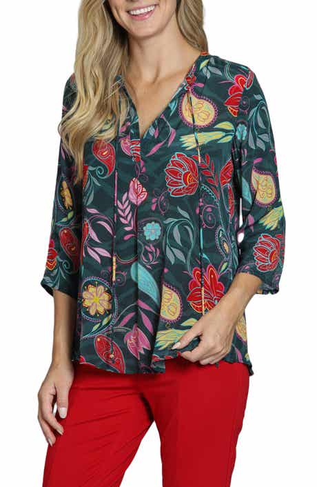 Print Tassel Split Neck Chiffon Top