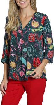 APNY Print Tassel Split Neck Chiffon Top