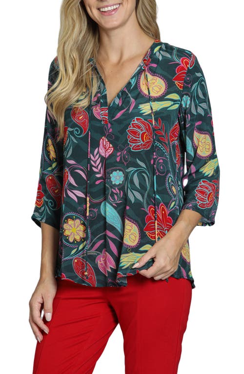 Apny Print Tassel Split Neck Chiffon Top In Red/yellow Multi