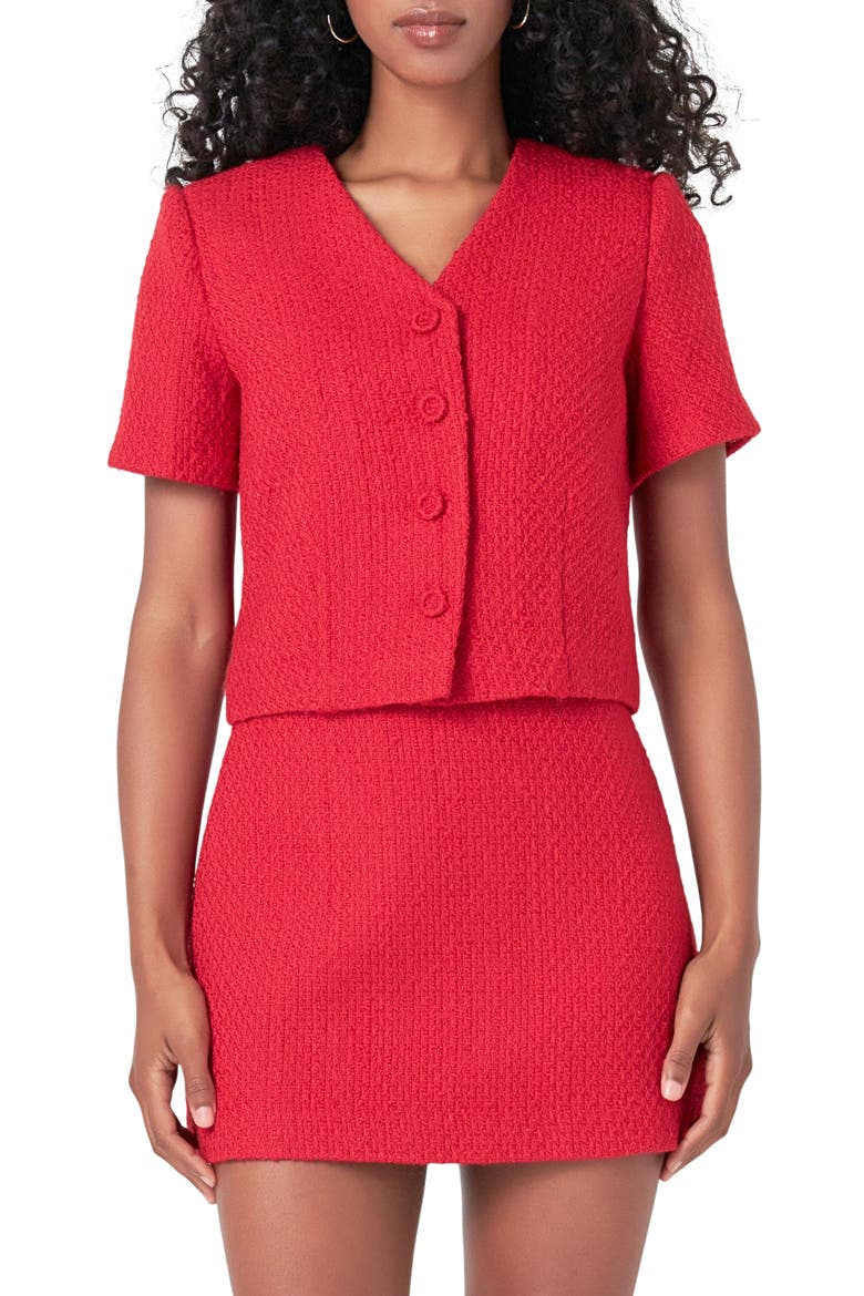 Button Front Tweed Crop Top, Main, color, RED