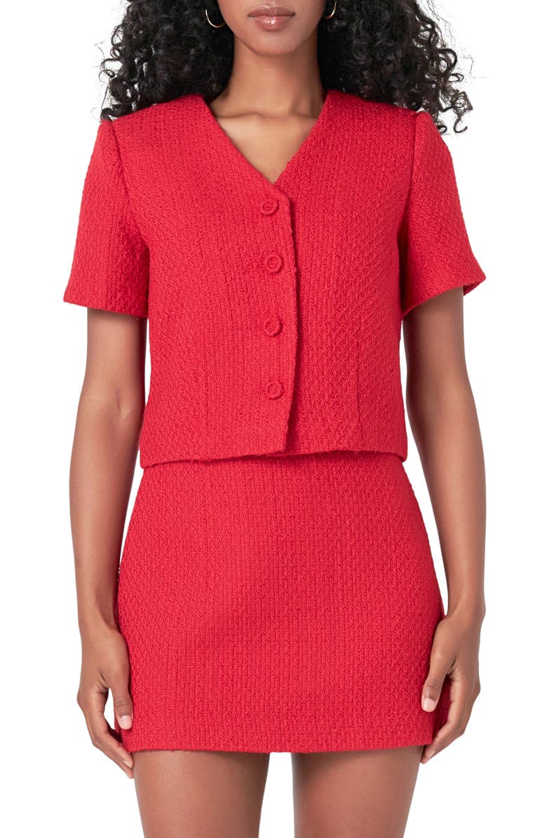 Endless Rose Button Front Tweed Crop Top, Main, color, Red