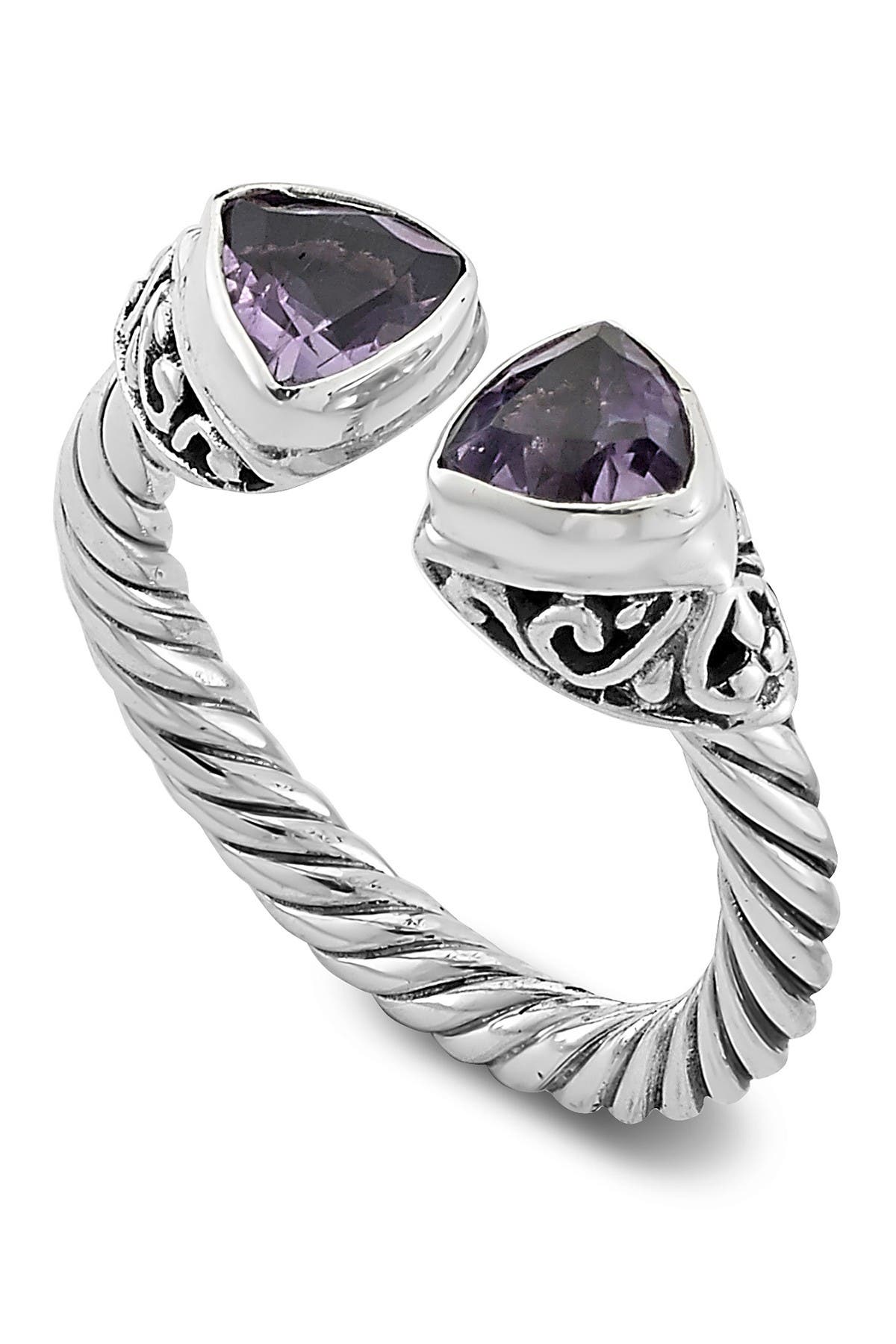 SAMUEL B. Stainless Steel Amethyst Trillion Bypass Steel Ring