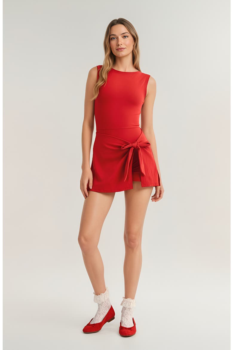 Sleeveless Active Romper with Side Tie Skirt Overlay and Crew Neckline, Alternate, color, Red