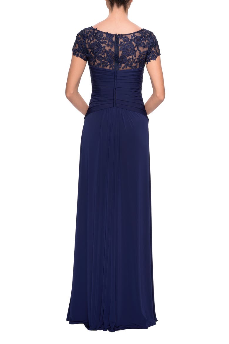 Jersey Dress with Ruching and Floral Neckline, Alternate, color, Navy