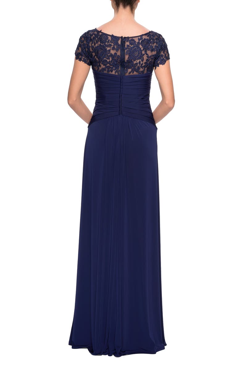 La Femme Jersey Dress with Ruching and Floral Neckline, Alternate, color, Navy