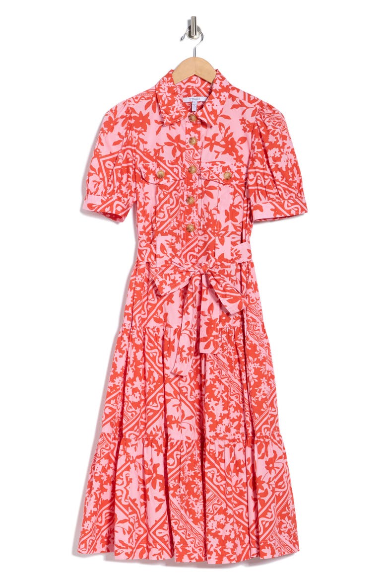 Buffy Floral Print Tie Waist Tiered Midi Dress, Alternate, color, PINK TILE