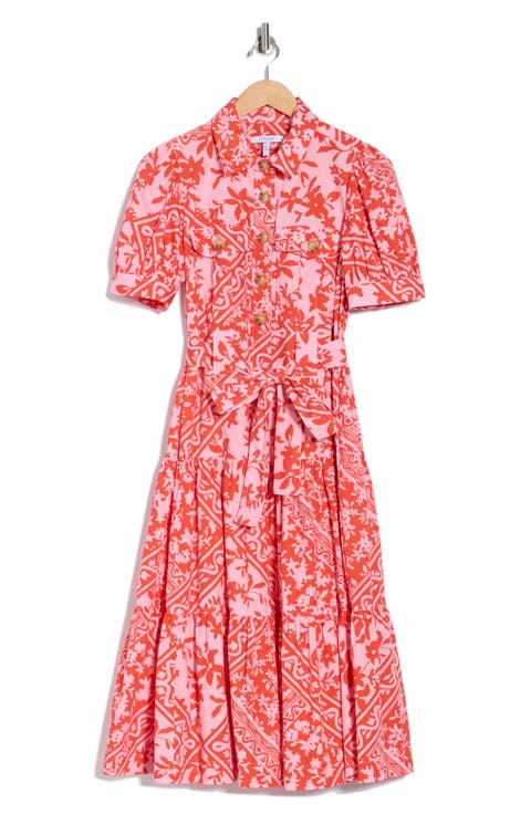 Buffy Floral Print Tie Waist Tiered Midi Dress