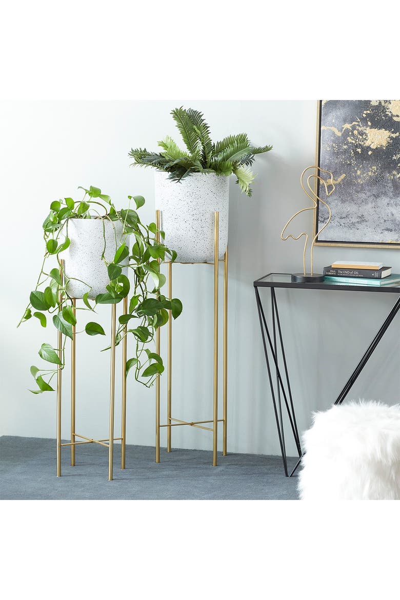 White Metal Indoor & Outdoor Speckled Planter with Removable Stand - Set of 2, Alternate, color, MULTI