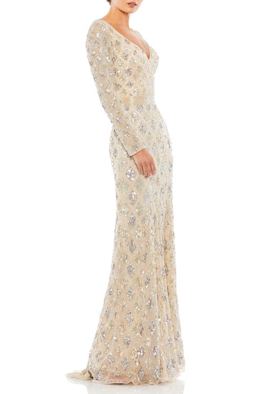 Mac Duggal Beaded Geometric Silver Sparkle Dress In Nude In Nude