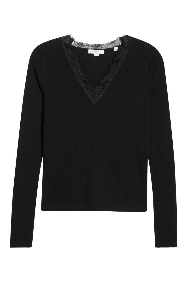 Lace Trim V-Neck Long Sleeve Top, Main, color, BLACK
