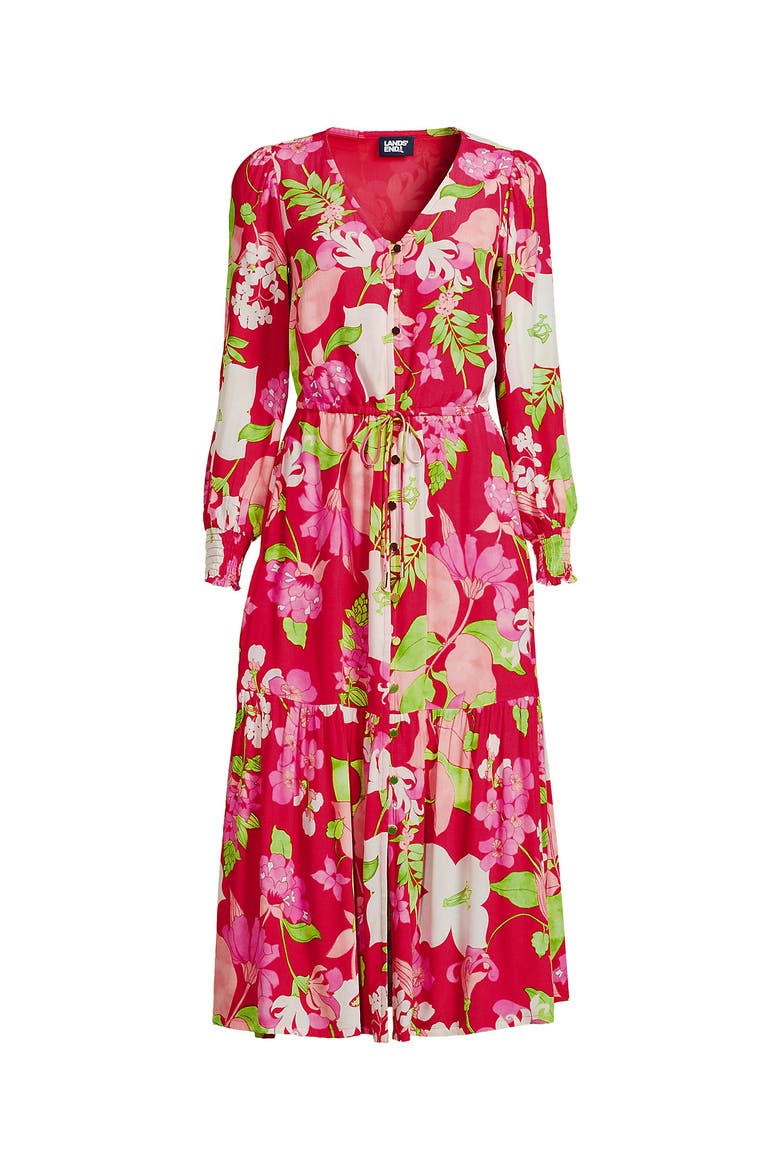 Crepe Button Front Long Sleeve Midi Dress, Alternate, color, Berry Rouge Lilies