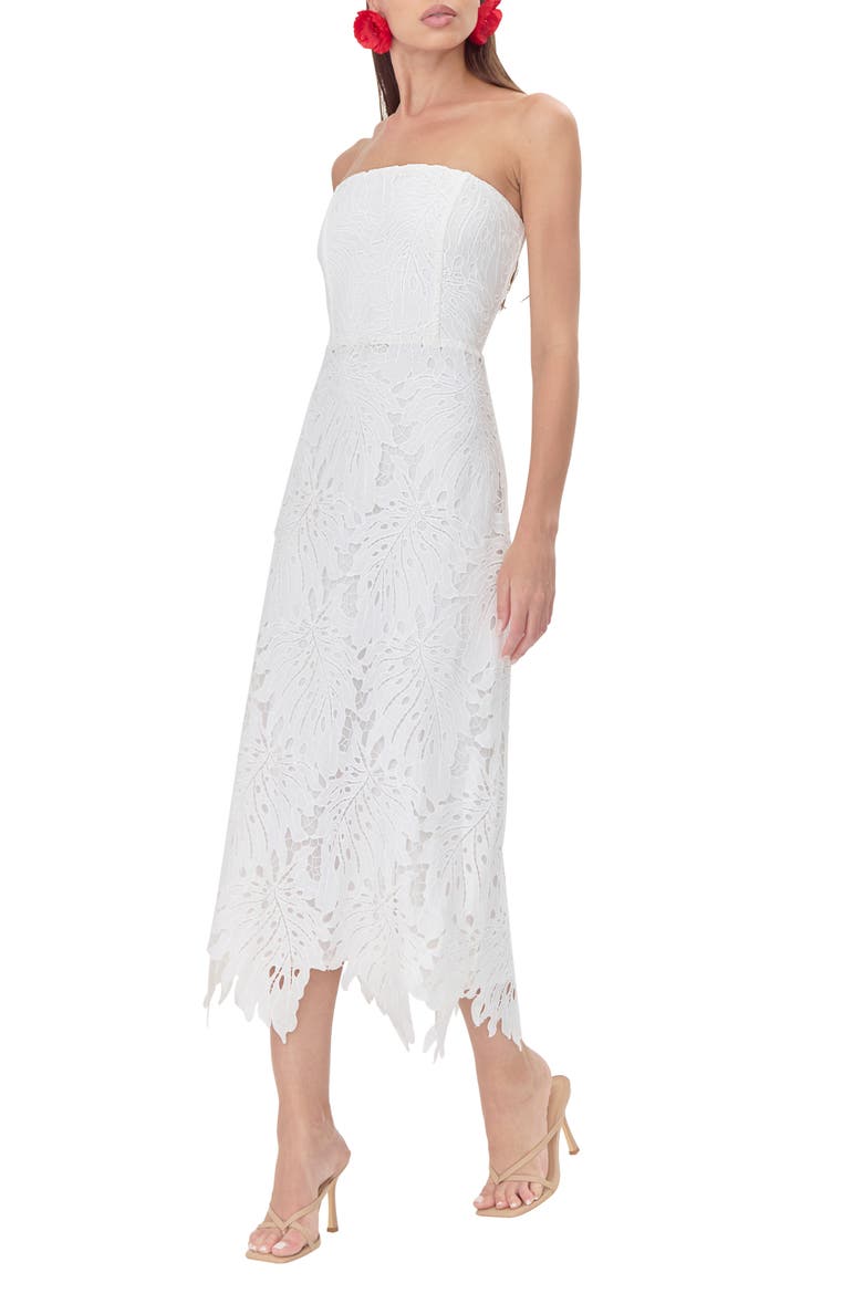 Jessika 3D Lace Strapless Midi Dress, Alternate, color, WHITE