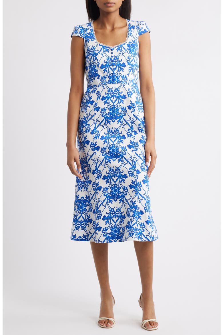 Floral Print Cap Sleeve Midi Dress, Main, color, PALACE BLUE/ PEARL WHIT