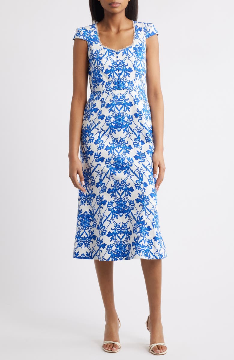 Anne Klein Floral Print Cap Sleeve Midi Dress, Main, color, Palace Blue/ Pearl Whit