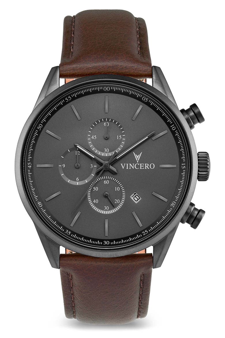 The Chrono S2 Chronograph Leather Strap Watch, 43mm, Main, color, GUNMETAL/WALNUT
