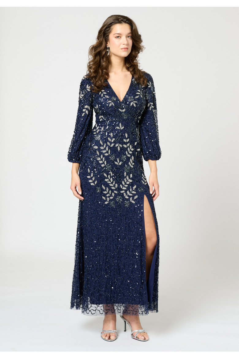 Embellished Sequin Beaded Maxi Dress With Sleeves, Main, color, MID NIGHT BLUE